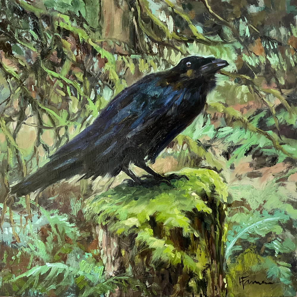 oil painting of a raven in a forest perched on a mossy stump